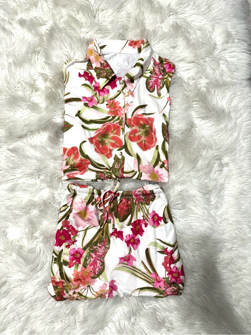 Floral Two-Piece Tank and Shorts Set - White with Pink & Green Floral Print